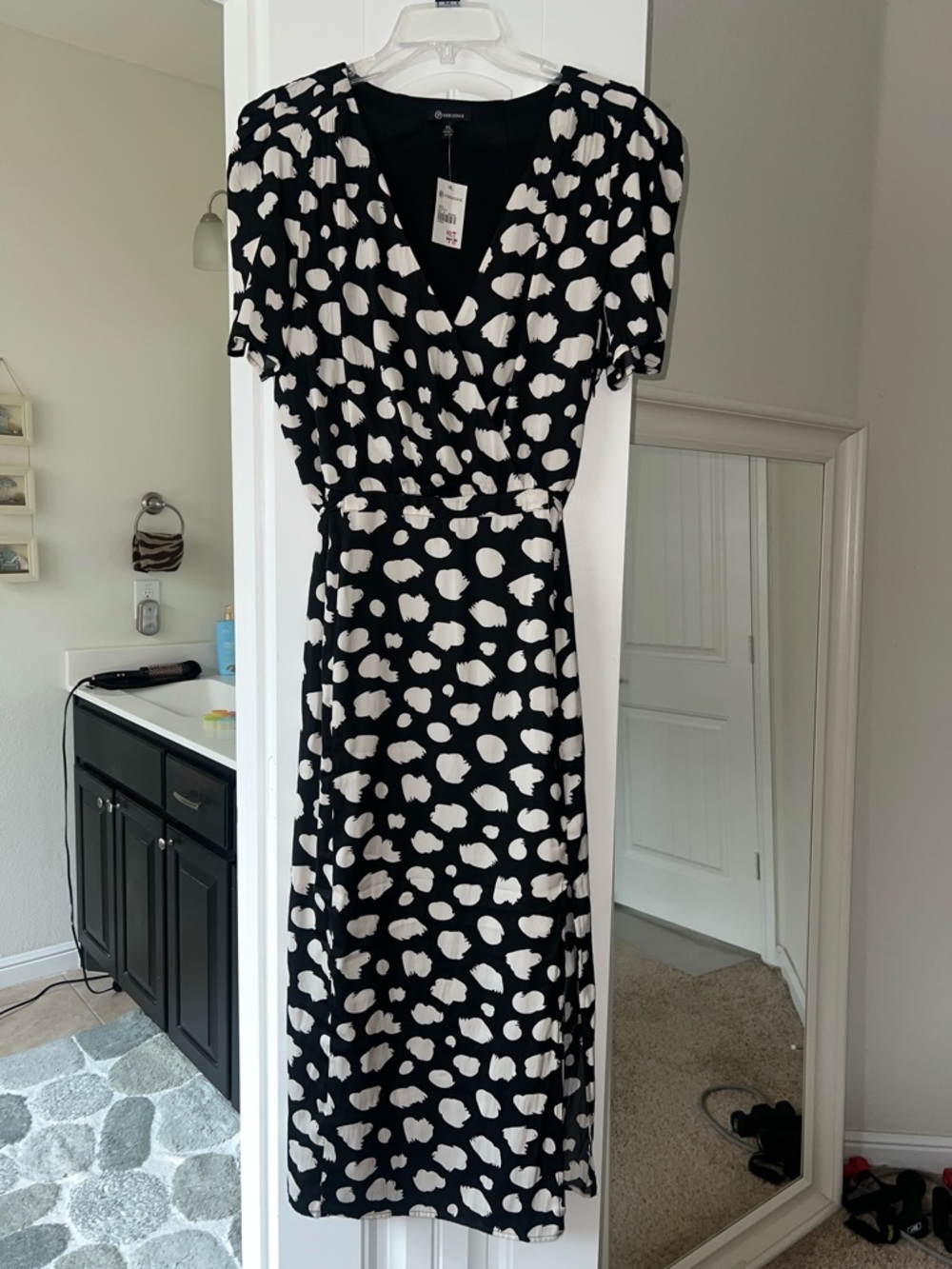 Versona Black and White Polka Dot Faux-Wrap Midi Dress